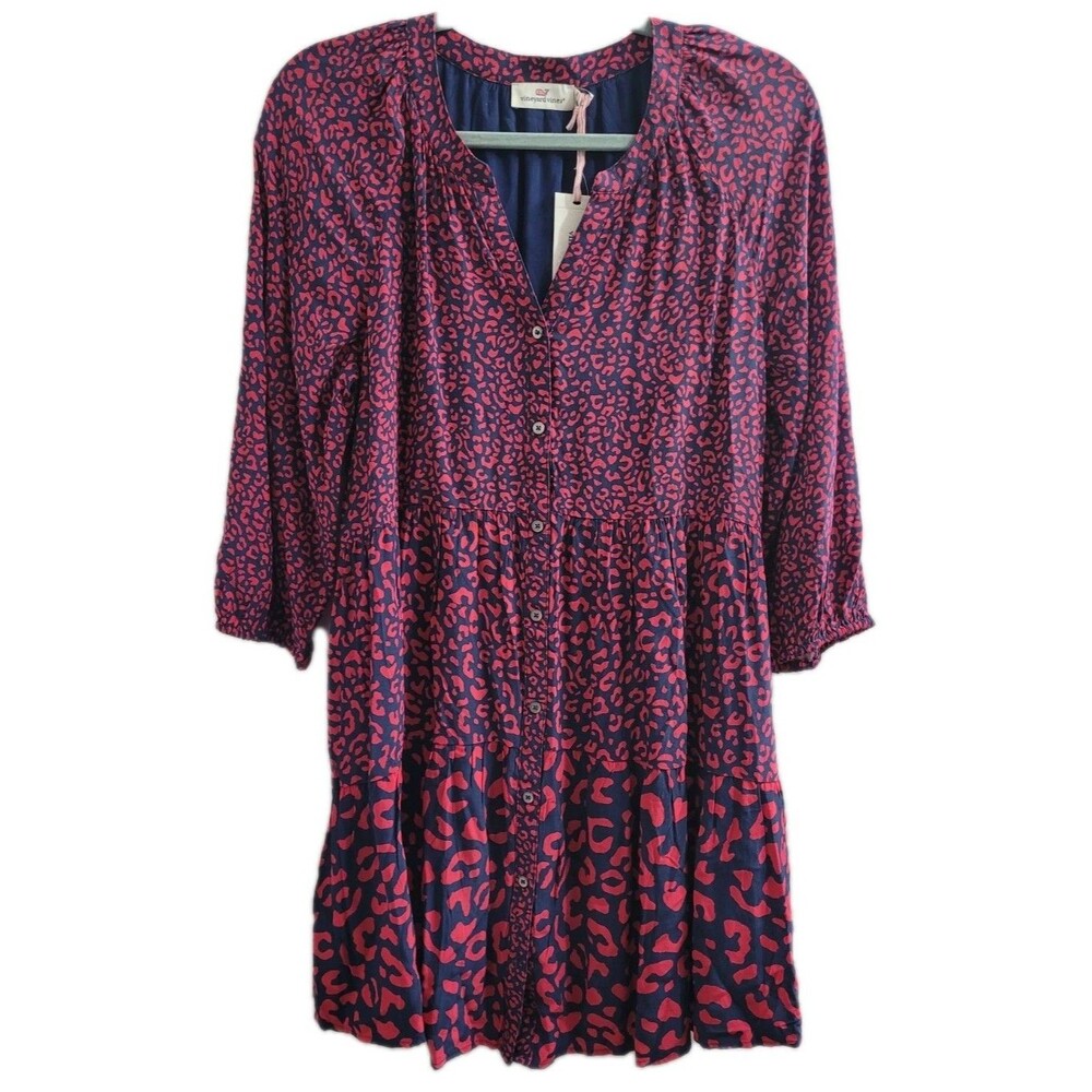 NWT Vineyard Vines Leopard Tiered Dress Small Deep Bay Red Blue Lined Viscose - Picture 2 of 8